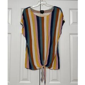 W5 Striped Short Sleeve Blouse with Tie Waist, Size 2X